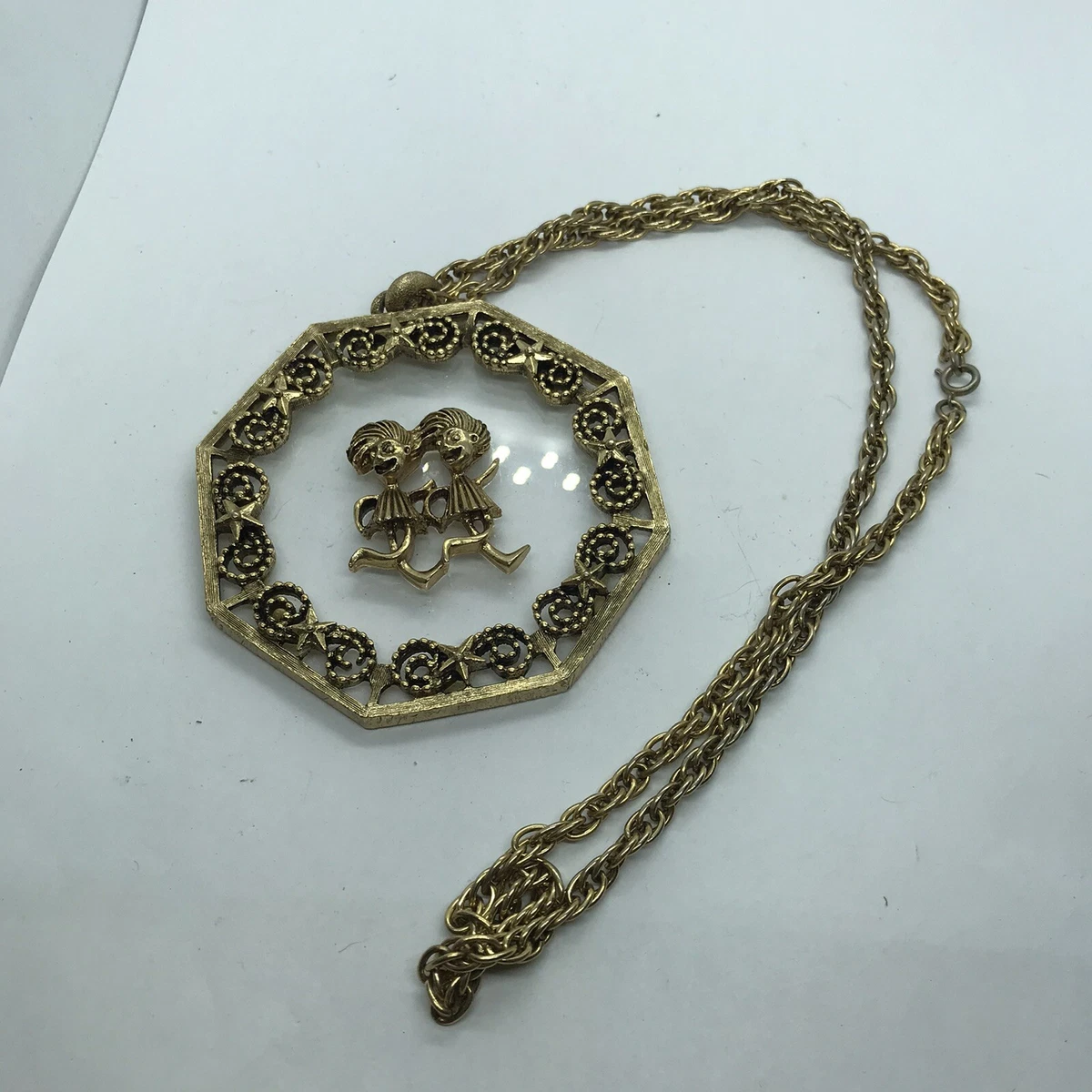 Vintage Gemini Zodiac Twins Horoscope Large Gold Tone Pendant