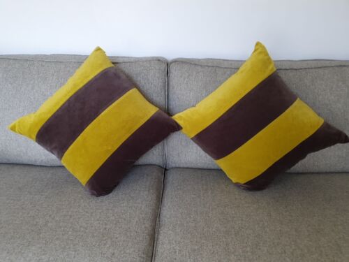 OKA Pair Cushions Velvet Yellow Brown Duck Feathers Filling 20"x20" # - Picture 2 of 12