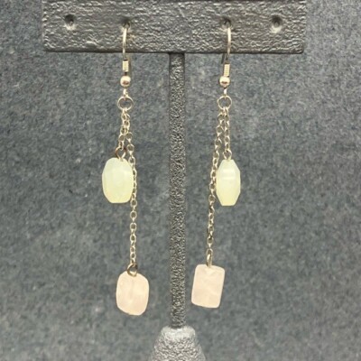 Long Dangle Pierced Earrings Silver Chain Faceted Circle Rectangle Green Pink