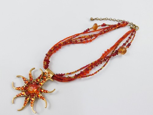 Chico's Orange/Amber Glass Beaded Sunburst Pendant Necklace 21"