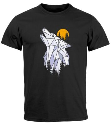 Herren T-Shirt Polygon Print Wolf Wald Outdoor Adventure Natur Tiermotiv