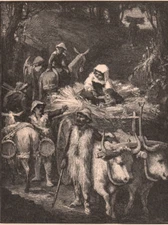 Original 1800s Book Etching Primative Medieval-Oxen and hay cart  5.5 x 8