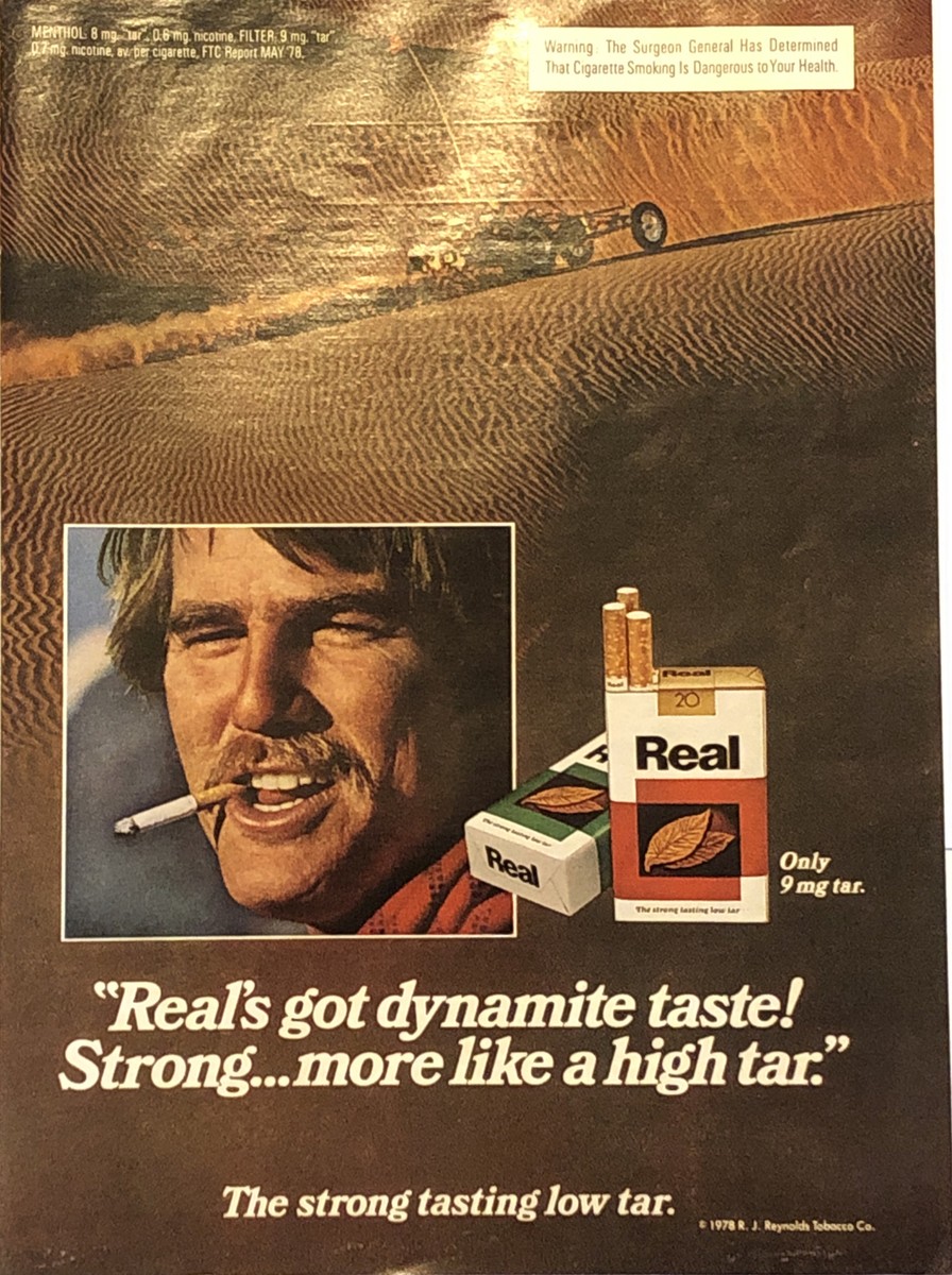 cigarette brand reseed 1978 Real Cigarettes PRINT AD Sand Dunes Buggy VTG 1970s Strong Tasting Low Tar Replica Millicent's Premium Cigarettes :