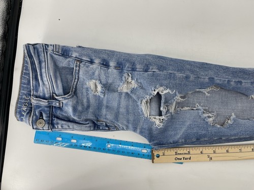 Jeans donna American Eagle Super Hi Rise Jegging taglia 0 blu denim strappato 24X27 - Foto 9 di 12