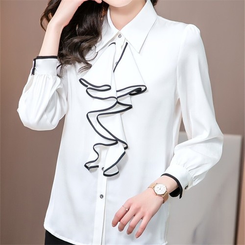 Women Ruffles Satin Shirts Blouse Tops Faux Silk Office Formal Casual Retro - Picture 6 of 13