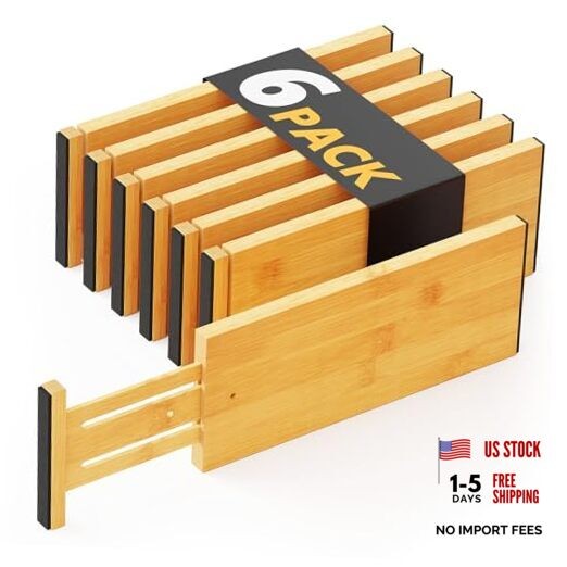 Bamboo Dresser Drawer Dividers 6 Pack, 4.65“ High Adjustable 12.5“-17” Drawer