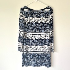 Eliza J Blue White Floral Shift Dress Long Sleeve Stretchy Lined Wedding Modest