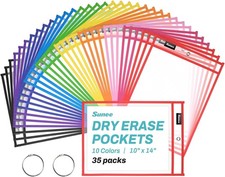 35 Packs Oversized Reusable Dry Erase Pocket Sleeves with 2 Rings, 10 Assorte...