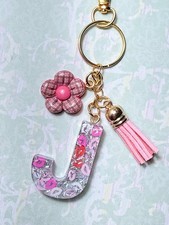 Handmade Resin Initial Keychain Letter J Lips, flower Personalized Gift