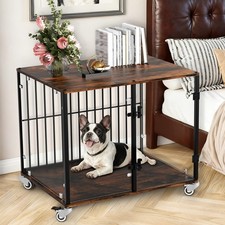 Large Vintage Wooden Dog Crate Lockable Wheels Dog Cage Ventilation & Full View