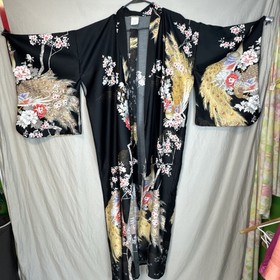 Vintage Made in JAPAN Kimono Robe -Peacock Bird +Belt Geisha Womens Lounge Patio