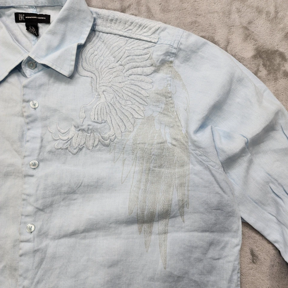 Camisa INC International Concepts Para Hombre XL Azul Lino Bordado Alas Verano Foto 2 de 4