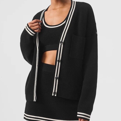 Alo Yoga Tennis Club Sweater Knit Cardigan Black/Ivory M