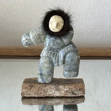 Vintage Inuit Soap Stone Carving with Fur
