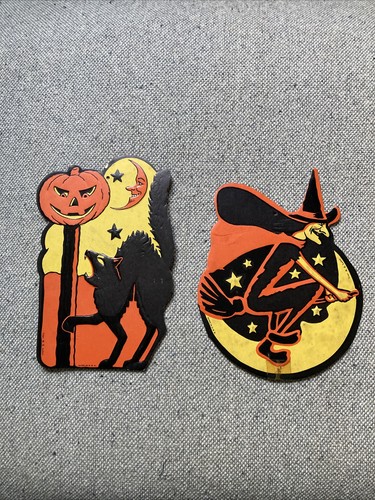 2 Vintage Halloween Black Cat Jack O’Lantern Witch Moon Die Cut ...