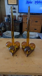 Mid Century Modern Amber Lucite Candles On Big Balls Base X2