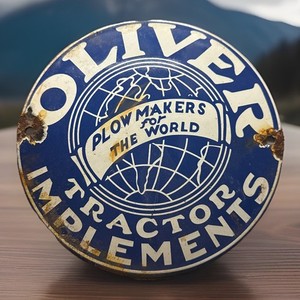 Vintage 6”  Oliver Tractor Implements Porcelain Enamel Metal Farm Domed Sign
