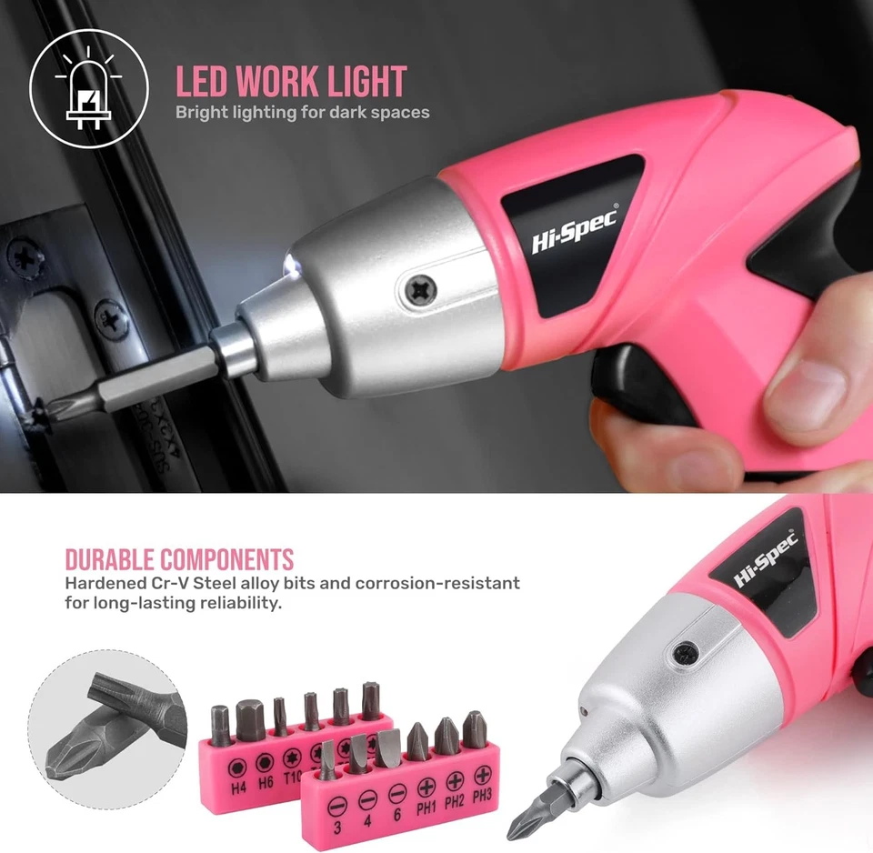 Cordless Screwdriver 3.6V Pink USB with 19pc DIY Home Tool Kit – Hi-Spec - Image 4 of 4
