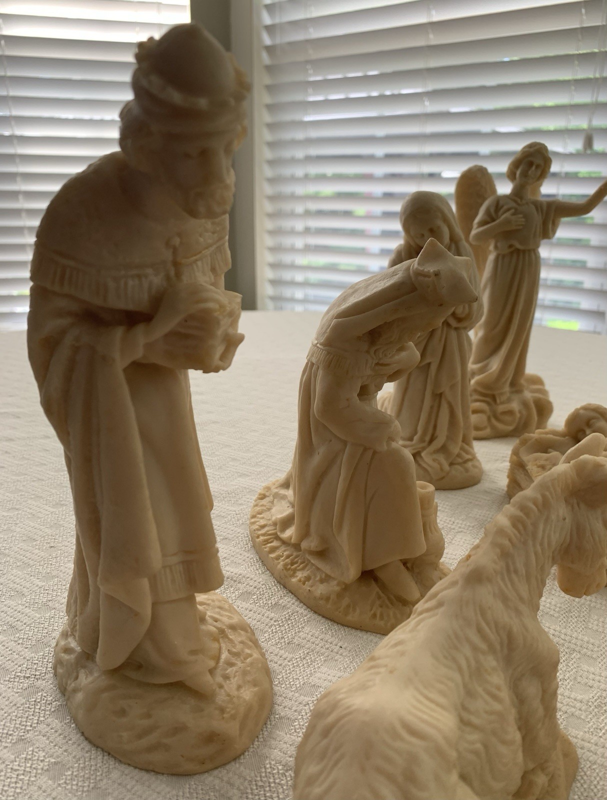 Vintage Hand Carved Nativity Scene Soap/Sand Stone White Ivory 10 Pieces 8” Tall