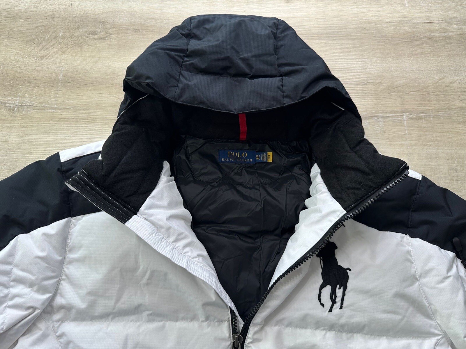 Polo Ralph Lauren uomo B&T giacca cappotto nero bianco LT grande pony cappuccio puffer