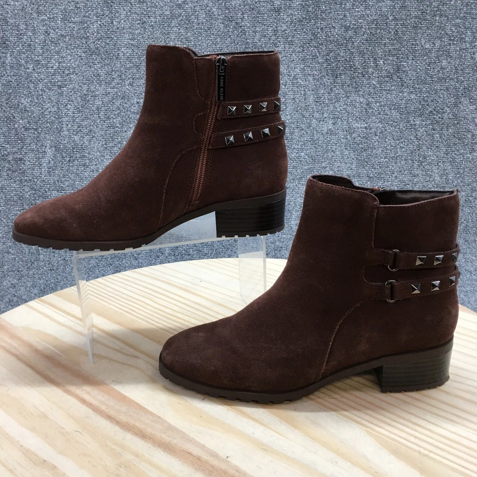 Botas Anne Klein Ankle Boots Femininas 8M Marrom Caimile Biqueira Quadrada Zíper Casual Camurça - Imagem 2 de 4