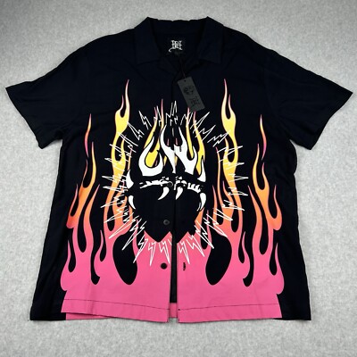 NWT Ed Hardy Tattoo Heart Flame Grunge Punk Short Sleeve Shirt Men L Button Pink