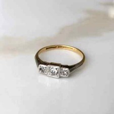 Art Deco Style Round Lab Created Diamond 14K Gold FN Engagement Three-Stone Ring
