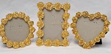 3 Small Vintage Heavy Metal Gold Tone Floral Rose Picture Frames 80's Victorian