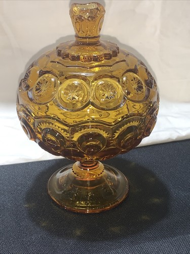 Vintage L. E. Smith Amber Moon And Stars Covered Compote / Pedestal Candy Dish - Picture 5 of 12