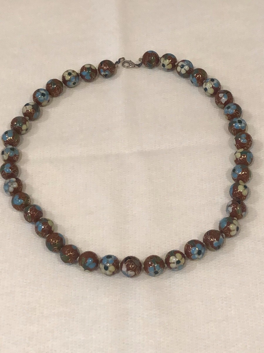 MULTI-COLOR CLOISONNE NECKLACE, FLORAL PATTERN BEADS, 20