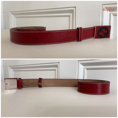 Authentic GUCCI Red Patent Leather Black Interlocking G Plaque