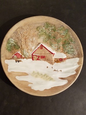 Vintage Byron Mold 3-D Wall Plate Farm Barn & House In Snow