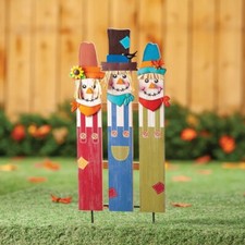 Wooden Fall Scarecrow Trio Yard Stake Outdoor Autumn Harvest Garden Lawn Decor