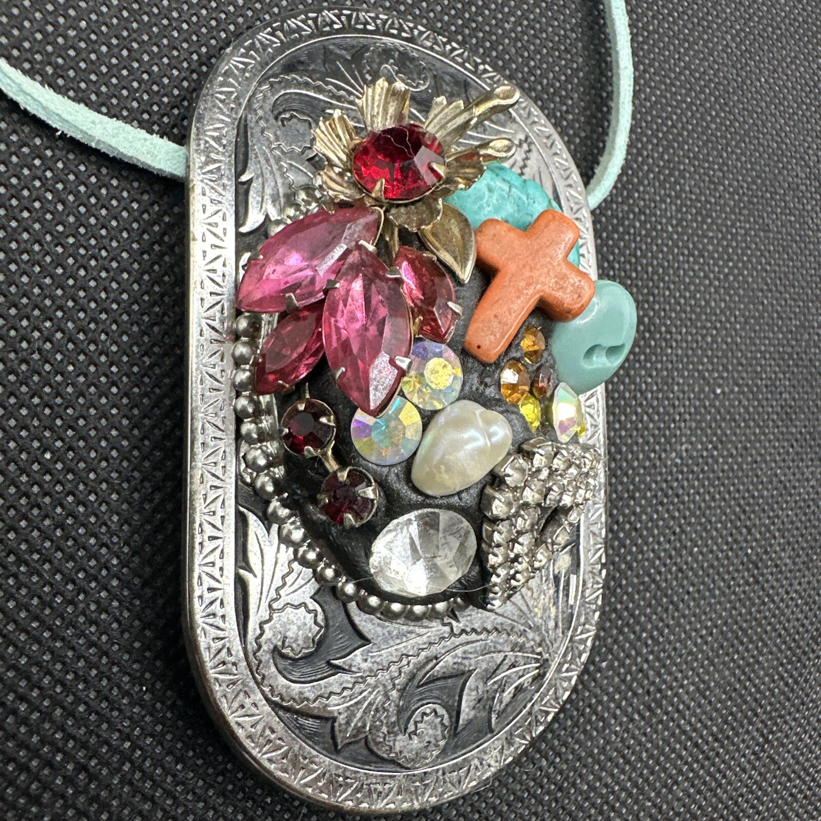Statement Necklace Turquoise Pendant Multi Media … - image 5