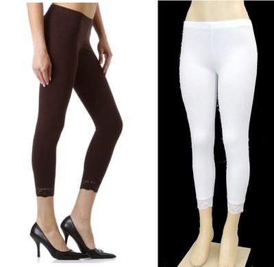 Womens COTTON SPANDEX CAPRI LEGGING LACE TRIM JUNIOR REGULAR N PLUS S-3X
