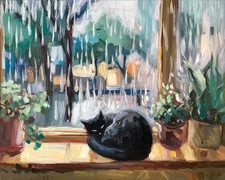 Rainy Window Scene with Black Cat | Cozy Impressionist Home Art Print Museum Art