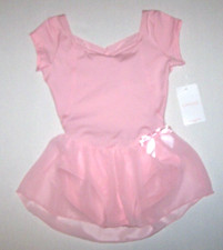 Capezio Cap Sleeve Dress Leotard Bodysuit Sheer Skirt Satin Bow New Girl L 7 8