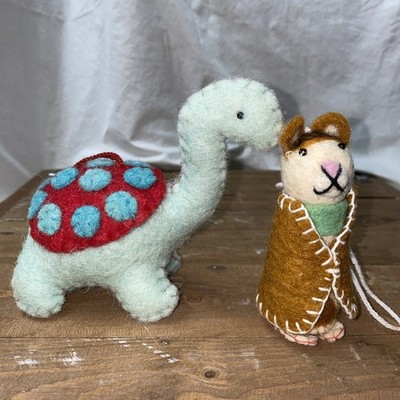 lot of 2 felted animal ornaments dinosaur mouse handcrafted felt plush