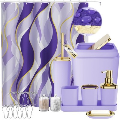 XLHOMO Purple Bathroom Accessories, Bathroom Sets with Stripe Shower Curtain, Pu