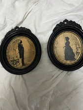 Pair Vintage Georgian Man & Woman Under Glass  Oval  5 3/4  X 6 3/4” Black Gold