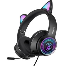 Cat Ear Gaming Headphones Wired AUX 3.5mm with LED Light, VIGROS Flashing Ste...