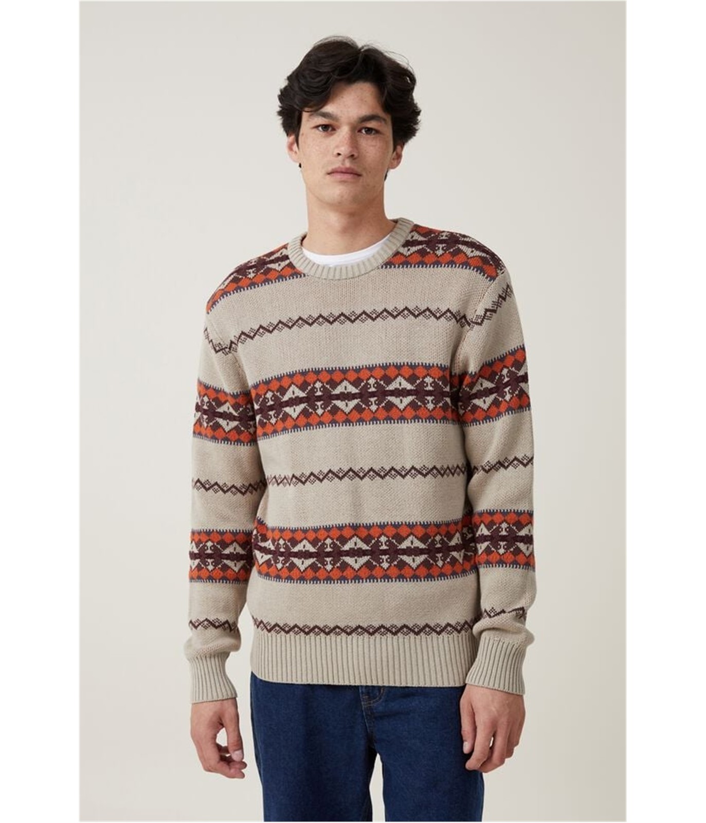 Мужской свитер-пуловер лесной вязки из хлопка Коричневый Средний 6490₽