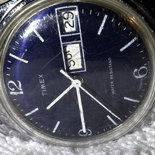 Men’s Vintage Timex Day Date Manual Wind Wristwatch SPEIDEL BAND BLUE DIAL NICE!