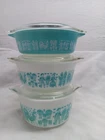 VINTAGE 6 PIECE PYREX AMISH BUTTERPRINT CASSEROLE SET 471, 472 ,473  Lids Blue