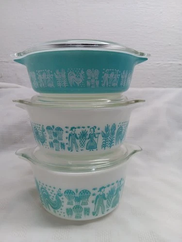 VINTAGE 6 PIECE PYREX AMISH BUTTERPRINT CASSEROLE SET 471, 472 ,473  Lids Blue