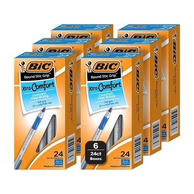 BIC Round Stic Grip Xtra Comfort Ballpoint Pen Medium Point Blue Ink 24/Box 6