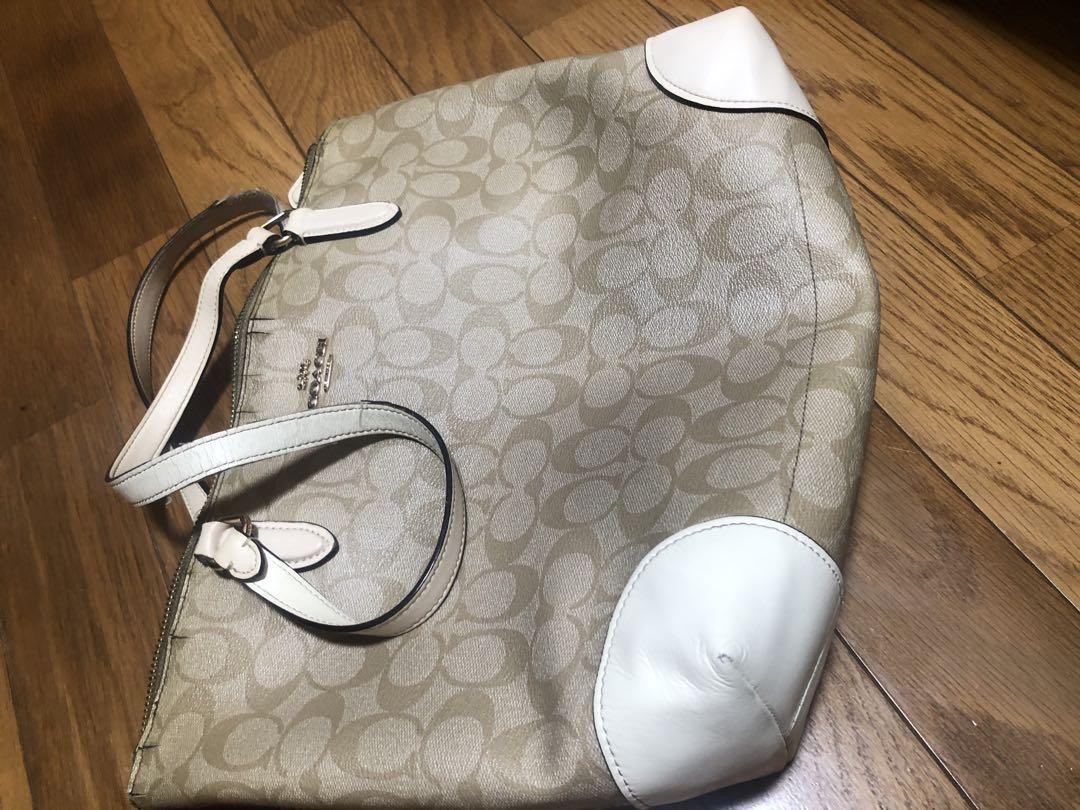 Coach Beige Leather Tote Bag with Gold Accents