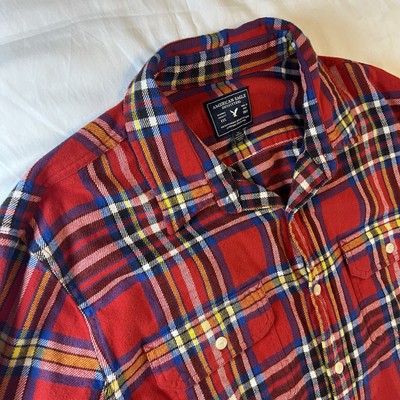 American Eagle Flannel Button Up Red Plaid Long Sleeve Shirt Men's XXL