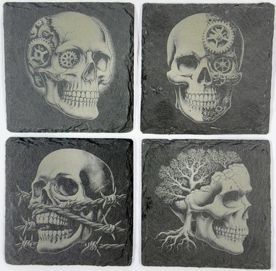 Industrial Gothic Skull Slate Coasters   Macabre Art with Steampunk Edge