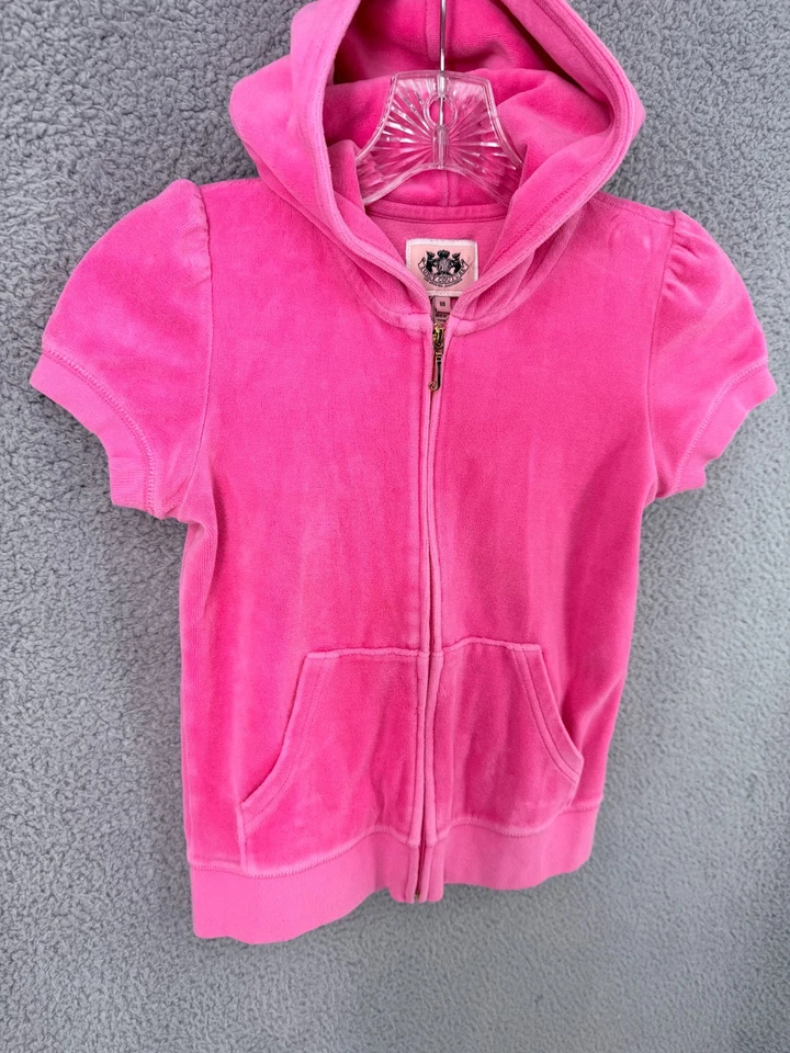Y2K Camp Juicy Couture Hot Pink Short Sleeve Terry Hoodie Logo Girls 10 - Image 4 of 4